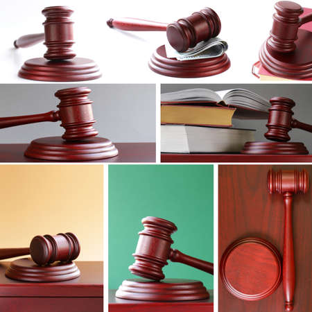 collage set Judges wooden gavel on a standの写真素材