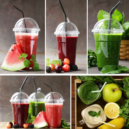 collage set assorted fresh smoothies from fruits and vegetablesの写真素材