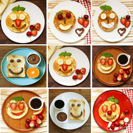 collage, set breakfast pancakes with berries (strawberry, cherry, banana), funny faceの写真素材