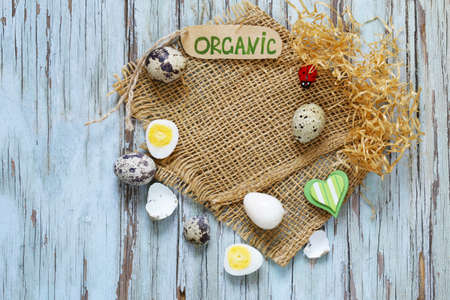 natural organic quail eggs on a wooden table