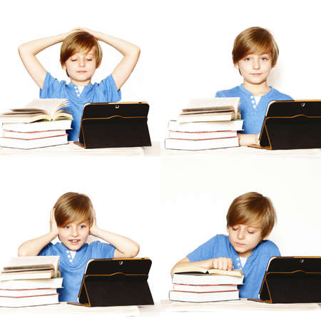 collage set portrait cute blond boy with books and tabletの写真素材
