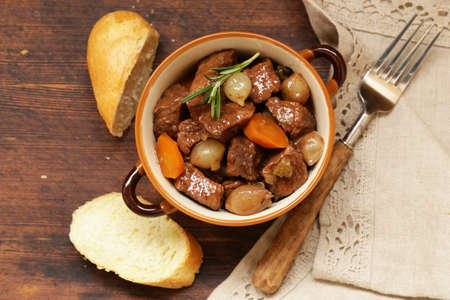 Traditional  beef goulash - Boeuf bourguigno. Comfort food. Stew meat with vegetablesの写真素材