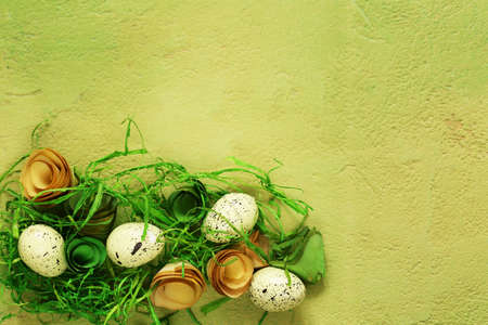 background with Easter symbols, eggs, butterflies, flowersの写真素材
