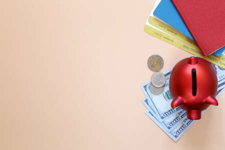 travel concept - money, passports, tickets, piggy bankの写真素材