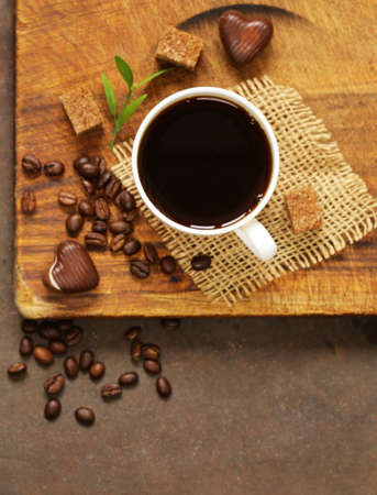 copper cezve coffee and grains on a steel backgroundの写真素材