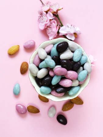 Candies almonds in sugar colored glazeの写真素材