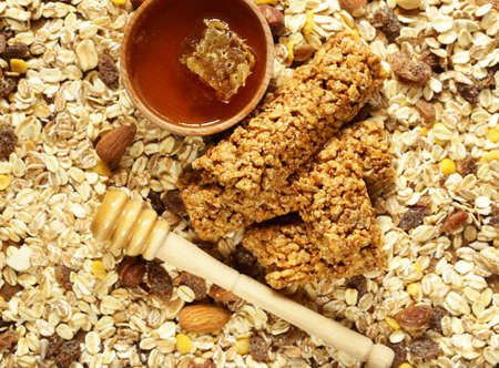 muesli bars from whole grain granola with honey for breakfastの写真素材