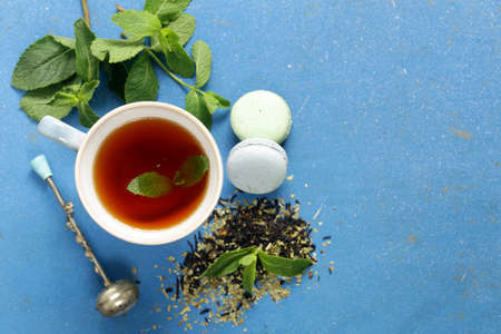 Refreshing tea with mint in a cup on the tableの写真素材