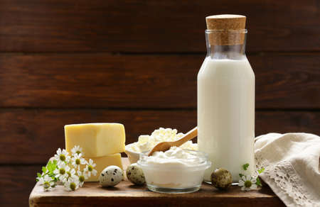 Rustic Still Life Dairy Products - cottage cheese, sour cream, cheese, milkの写真素材