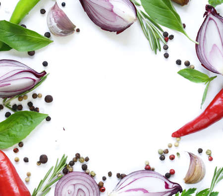 Food background, herbs and spices on white backgroundの写真素材