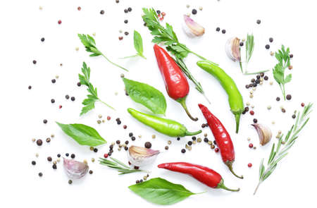 Food background, red and green chili pepper on white background