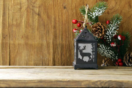 Christmas composition on a wooden backgroundの写真素材