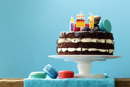 Open (naked) chocolate cake with vanilla cream is a dessert for a holidayの写真素材