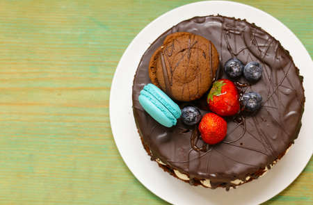 chocolate cake with vanilla cream is a dessert for a holidayの写真素材