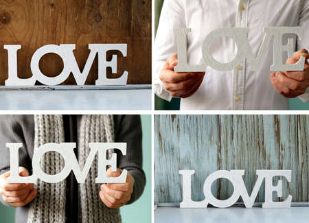 collage, the word "love" in the hands and on a wooden backgroundの写真素材