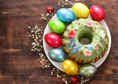 Happy Easter holiday! Decorative colorful eggs, symbol of a spring eventの写真素材