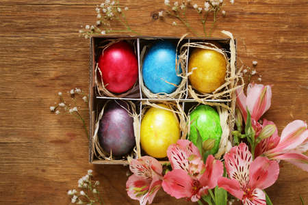 Happy Easter holiday! Decorative colorful eggs, symbol of a spring eventの写真素材