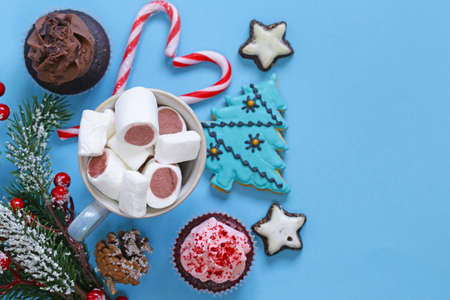 Christmas gingerbread cookies on a blue backgroundの写真素材