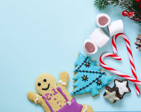 Christmas gingerbread cookies on a blue backgroundの写真素材