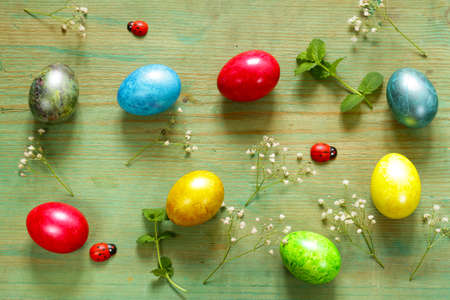 Happy Easter holiday! Decorative colorful eggs, symbol of a spring eventの写真素材