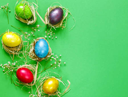 Happy Easter holiday! Decorative colorful eggs, symbol of a spring eventの写真素材