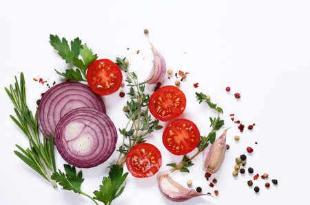 fresh vegetables and herbs on a white background - food backgroundの写真素材