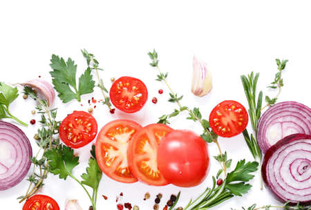 fresh vegetables and herbs on a white background - food backgroundの写真素材