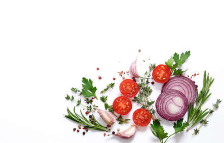 fresh vegetables and herbs on a white background - food backgroundの写真素材