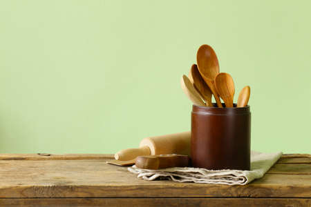 kitchen background wooden table with napkin rustic interiorの写真素材