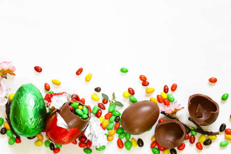 Easter decoration with chocolate eggs and candies for treats