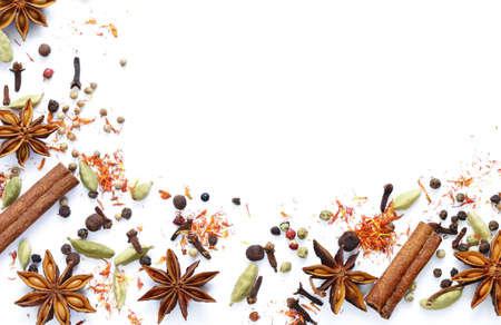 background of various spices on a white backgroundの写真素材
