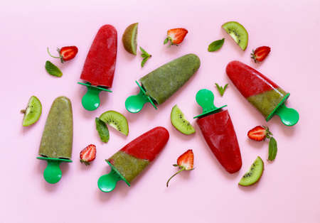 organic homemade fruit ice cream - strawberry and kiwi fruitの写真素材