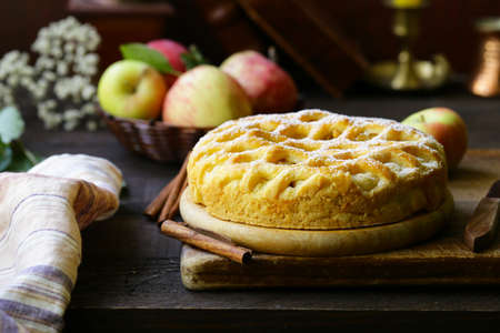 traditional apple pie made of puff pastry with cinnamonの写真素材