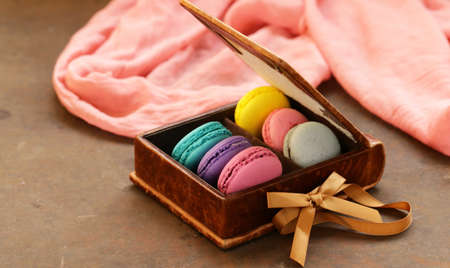 almond cookies macaroon in the box on the tableの写真素材