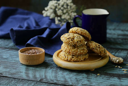 cereal biscuits with seeds of flax and sunflowerの写真素材