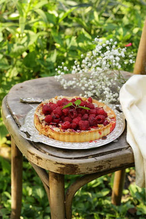short pastry pie with fresh raspberries, rustic style