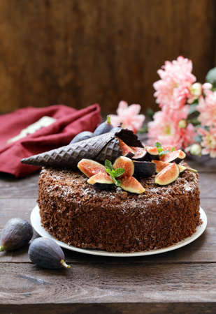 chocolate cake with fresh figs for a treatの写真素材