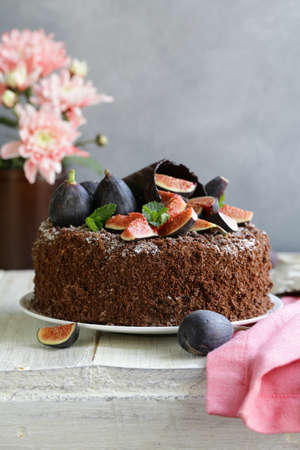chocolate cake with fresh figs for a treatの写真素材
