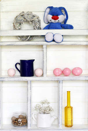 kitchen wooden white cupboard background with utensils and foodの写真素材