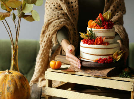 festive cake with autumn decor for thanksgiving dayの写真素材