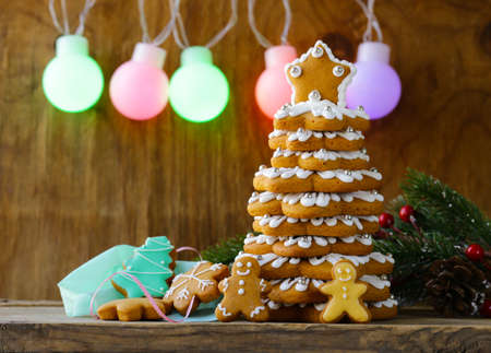 gingerbread and Christmas tree for the holiday decorationsの写真素材