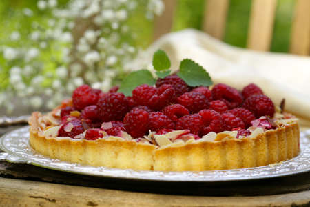 short pastry pie with fresh raspberries, rustic style