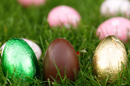 festive easter eggs on green grass