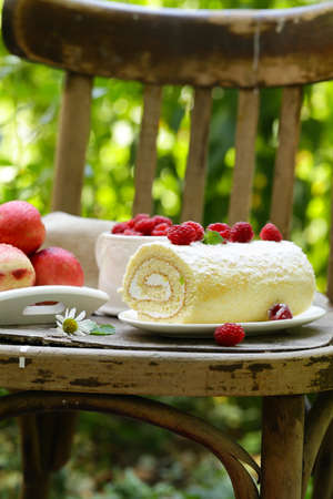 biscuit roll dessert with fresh berries, rustic style