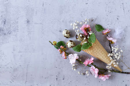 Easter composition with quail eggs decorationの写真素材