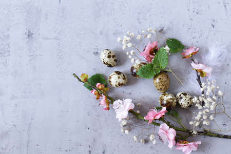 Easter composition with quail eggs decorationの写真素材
