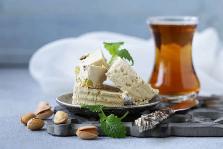 Oriental sweets - halva with pistachiosの写真素材