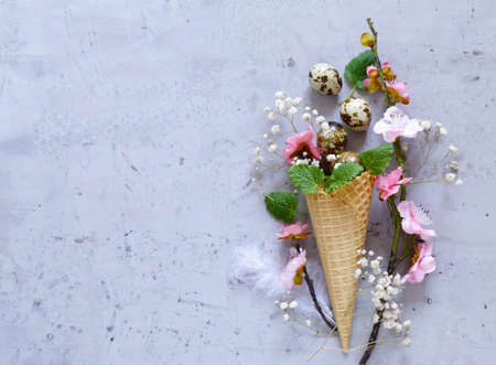 Easter composition with quail eggs decorationの写真素材