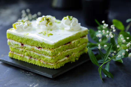 green pistachio cake with butter cream, dessertの写真素材