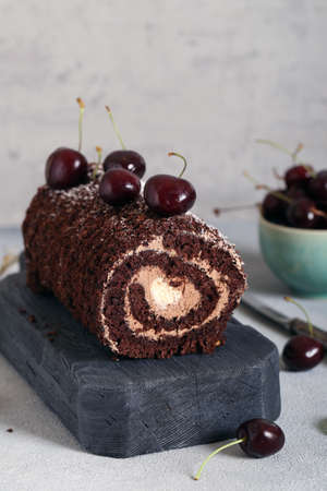 chocolate dessert roll with vanilla cream and sweet cherryの写真素材